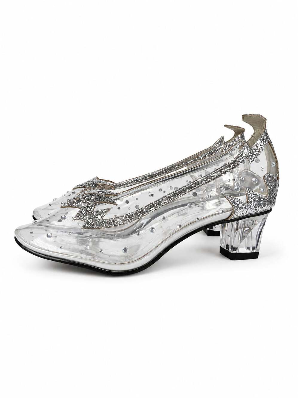 Ellie Shoes 212-ARIEL Clear Glass Slipper Block Heels with Silver Glitter Star D